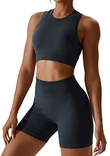 IMEKIS Damen 2tlg Nahtlose Yoga Outfits Racerback Sport BH und High Taille Kompression Hosen Shorts Jogging Gym Set Workout Fitness Kleidung Sommer Trainingsanzug Dunkelgrau+Shorts M