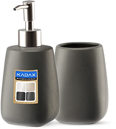 KADAX Juego de baño de 2 piezas de cerámica, accesorios de baño, dispensador de jabón, taza de baño, jabonera y cepillo de inodoro (taza y dispensador antracita)
