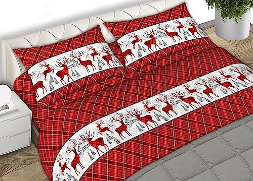 BIANCHERIAWEB Bettwäsche-Set aus weichem Flanell, hergestellt in Italien, Motiv: Rentier, Motiv: Rentier, französisches Bett, Rentier