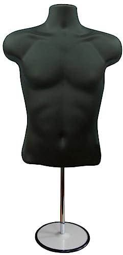 Display Guru Male Hanging Mannequin Half Body Form 3 Quarter Shop Bust Display With Round Stand (Black)