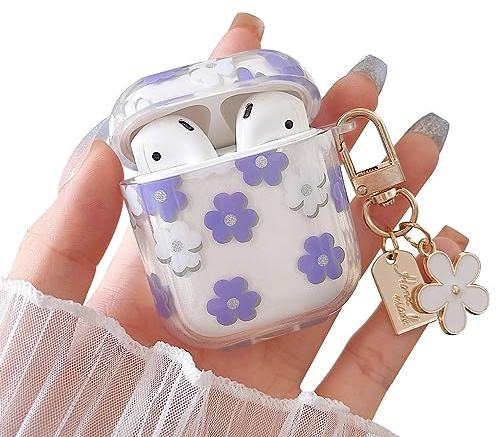 MINSCOSE Kompatibel mit AirPods 1&2 Klar Hülle,Niedliches Cartoon Blumenmuster Design mit floralem Schlüsselanhänger,Weiches TPU Schützendes Stoßfestes Gehäuse für AirPod 1&2 für Mädchen-Lila