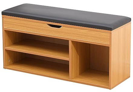 AVC Designs 90cm Shoe Bench Pine Wooden Shoe Storage Cabinet Organiser With Seat Cushion