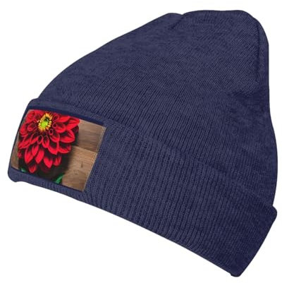 Hochwertige Strickmütze mit Holzbrett, Retro-Blume, rote Dahlie, stilvolle Unisex-Mütze für den Winter, erleben Sie ultimative Wärme und Stil, Holzbrett Retro Blume Red Dahlia, Einheitsgröße