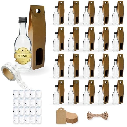 20 mini botellas de cristal de 40 ml con tapón de rosca dorado, caja, etiqueta kraft, hilo y etiqueta personalizable- Bonitas de alcohol 4 cl- Ideal para unicornio, regalos, bodas y fiestas
