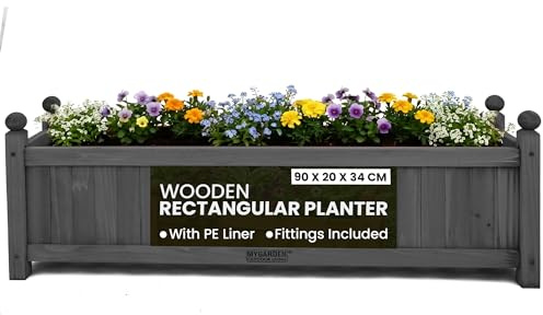 My Garden Wooden Rectangular Trough Planter with PE Liner - 90 x 20 x 34 cm Weather Resistant Wooden Planter Box for Patios, Gardens & Decking - UV Resistant, Easy Assembly, Ideal for Plants & Shrubs
