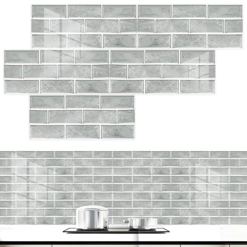 FTISSLY 12 Pz Adesivi per Piastrelle Rettangolare,Autoadesivo Mattonelle in PVC Impermeabile da 30x15cm,Mattoncini Adesivi da Parete,Piastrelle Adesive 3D per Bagno Cucina Fai da Te