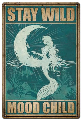 SUPERDANT Meerjungfrau Metall Blechschild Vintage Mondphasen Blechschilder Stay Wild Moon Child Metallplakette U Boot Welt Eisen Wandkunst Poster Altmodisch Für Mädchenzimmer Badezimmer Dekor