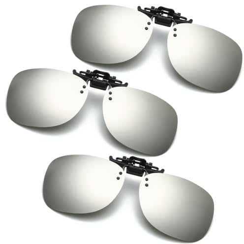Polarisierte Sonnenbrille Clip, Flip up Clip on Sonnenbrille zum Aufstecken Damen und Herren, Sonnenbrillen Aufsatz Brille - Silber