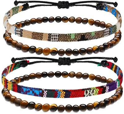 Lucktao 4er Set Surfer Armband Herren & Damen|Surferarmband Damen|Verstellbar & Handmade|Armband Boho Stoff-Armband|Hippie Sommer Strand-Schmuck|Freundschaftsarmbänder für Ihn & Sie (Wein-Rot & Weiß)