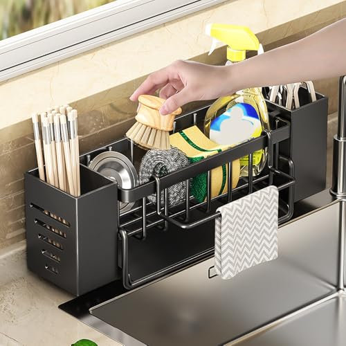 HEKOBAG Schwammhalter für Spülbecken, Küche, Organizer für Spülbecken, Küche, aus Karbonstahl, mit Handtuchhalter und Ablauflage, für Lappen, Reinigungsmittel