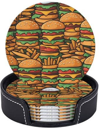Viele niedliche Burger-Untersetzer, rund, Leder, 6 Stück, für Tischschutz, Heimdekoration, Einweihungsgeschenk, Barzubehör