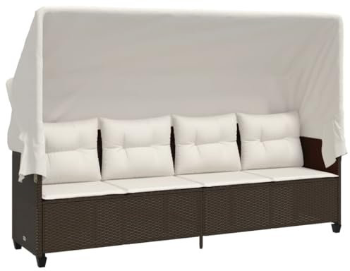 Makastle 4-Sitzer Sofa mit Dach und Kissen, Garten Schlafsofa Gartenliege Outdoor Sofa Couch Liege Sonnenliege Terrassenliege, Braun Poly Rattan