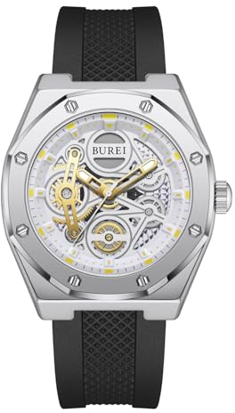 BUREI Herren Uhren Chronograph Datum Quarz Armbanduhr Herren Silikon Wasserdicht Sport Casual Klassische Mode Herrenuhr Geschenk für Männer (Schwarz sliber)