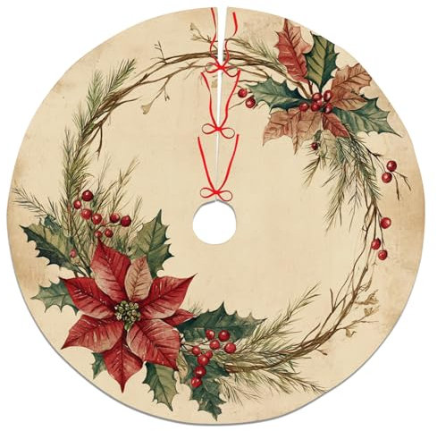 Falda de árbol de Navidad de bayas de acebo, decoración natural vintage para decoración del hogar de invierno, accesorio festivo para interiores y exteriores, 48 pulgadas