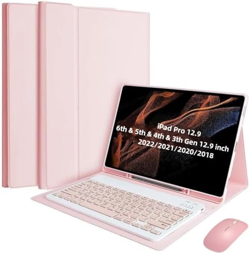 Per iPad Air 13 Pollici (M2-2024, M3-2025) con Tastiera Italiano (QWERTY), custodia per iPad Pro 12,9 Pollici (6a, 5a, 4a, 3a generazione)con Tastiera, Portapenne e Mouse Integrati, Rosa Keyboard Case