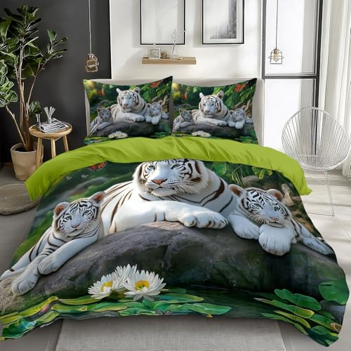 XCQHZYQ Bettwäsche-Set 155x220 cm Tierischer Weißer Tiger Wende Bettwäsche Einzelbett für Kinder 3D Microfaser Baumwolle Bettbezug und Kissenbezug 80x80cm mit Reißverschluss