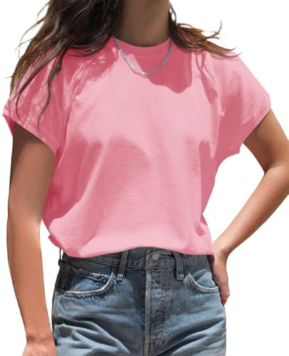 Cicy Bell T-shirt d'été à col rond et manches courtes pour femme - Couleur unie - Coupe ample, Rose, M
