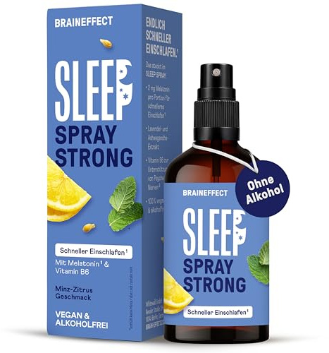 BRAINEFFECT SLEEP SPRAY STRONG Das Original® - Melatonin Spray Hochdosiert | 450 Tage Vorrat Einschlafspray - mit Minze, Zitrone, Lavendel und Ashwagandha, Zuckerfrei, Alokoholfrei - 50 ml