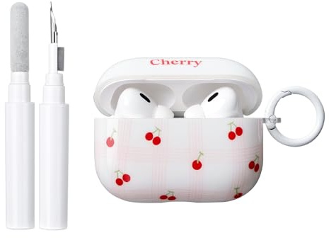 Reownest Hülle Kompatibel mit AirPods Pro 2. und 1. Generation mit Reinigungsset, Süßes Kirschmuster im Karierten Design Weiche Stoßfeste TPU Schutzhülle Case Cover – Weiß