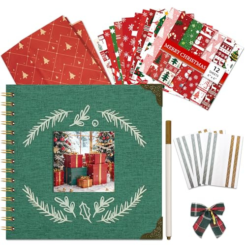 Vienrose Weihnachts Fotoalbum Scrapbook, 21 cm x 21 cm DIY Erinnerungsbuch, Leineneinband 20 Blätter 40 Seiten, Quadratisches Fenster Fotoalbum für Familie, Hochzeit, Reiseerinnerungen, Grün