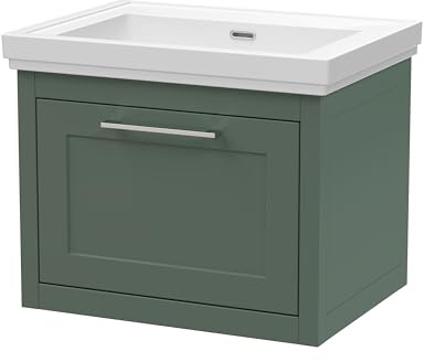 Balterley Vanity Unit with Basin Wall Hung, Single Drawer Soft Close with No Tap Hole Rectangular Sink and Handle, Bathroom Vanity Units, Traditional Sink Cabinet - 630 x 471 x 515mm (Green)