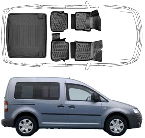 Trimak Passgenau 3D Fussmatten & Kofferraumwanne Auto Set Kompatibel mit Volkswagen Caddy 2K 2004-2010 Auto Zubehör Gummimatten Kofferraumwanne Autos TPE Allwetter Geruchlos rutschfest