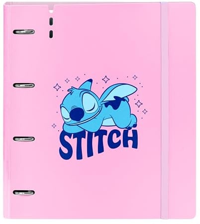 STITCH OHANA Classeur avec 4 anneaux de 35 mm, avec recharge, 100 feuilles A4, idéal pour les enfants de différents âges, confortable et polyvalent, qualité et résistance, 27 x 4 x 32 cm