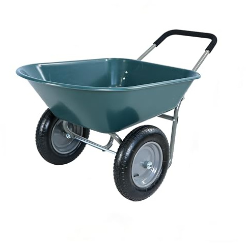 Dual Wheel Wheelbarrow, Garden Trolley 300 lbs Capacity Utility Cart with Two 15 inches Pneumatic Tires for Patio Outdoor Farm Yard (Green)
