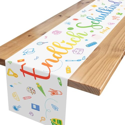 Xinvery Tischdeko Einschulung,Weiß Bunt Endlich Schulkind Mädchen Deko | Schulanfang Tischläufer für Schulkind Schulstart Party Dekoration 180 x 35cm