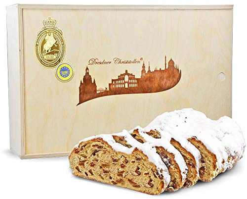 1000 g Dresdner Christstollen in hochwertiger Holzkiste aus Buchenholz mit Motiv Dresdner Christstollen