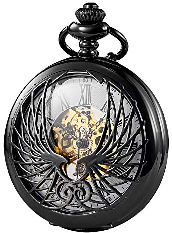 TREEWETO Unisex Taschenuhr mit Kette Analog Handaufzug Adler Bronze | Mechanische Aufziehen, Skelett, Römische Ziffer Zifferblatt aus Holz, Vintage Steampunk, für Herren