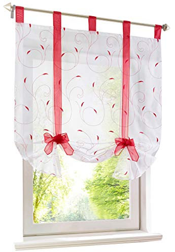 Raffrollo mit Stickerei Band Raffgardinen Voile Transparent Schlaufen Vorhang (BxH 140x140cm, Rot)