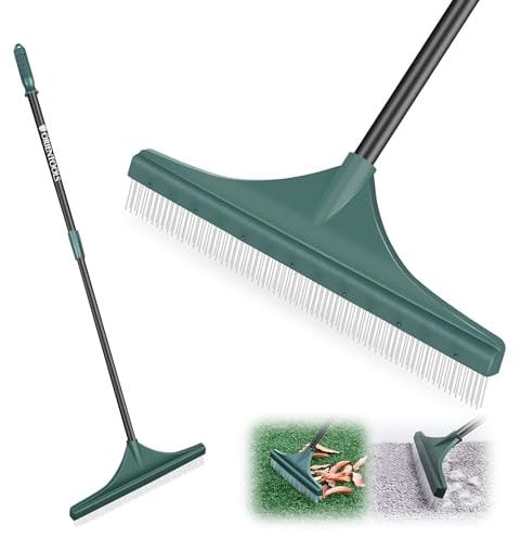 ORIENTOOLS Rastrillo de Césped Artificial con Mango de Acero Ajustable 80-132 cm Cepillo de Césped Artificial con Cabezal de Plástico con Cepillo PA Escoba de Césped para Jardín