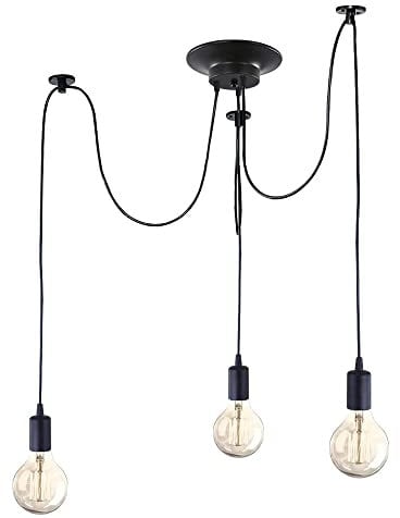 iDEGU Lámpara Colgante Retro, 3 Luces Lámpara de Araña DIY Iluminación Colgante E27 con Cables 150cm Regulable Negro Lámpara de Techo Vintage para Salón Dormitorio Comedor Restaurante (3 Foco)