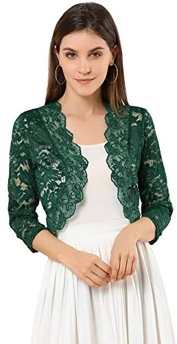 Allegra K Día de San Patricio Cárdigan Toreras Top De Encaje Floral Transparente Manga 3/4 Elegante para Mujer Verde Oscuro M