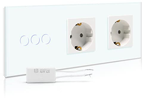 BSEED Interruptor regulador de luz con enchufe doble,1 Gang 1 Vía LED Dimmer Switch con Schuko Enchufe,16A 250V Enchufe de pared,Interruptor de luz con pantalla táctil Blanco(Adaptador Led requerido)