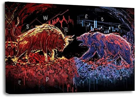 Hustling Sharks Börsenbild „Bull vs. Bear“ – Leinwand 60 × 40 cm | XXL Börsenbild im Querformat, Leinwandbild Wohnzimmer, Bilder Schlafzimmer, Wanddeko