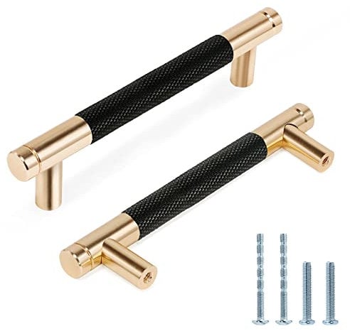 Zernmiarder Knurled Cabinet Pulls 2 Pack, 5 Inch Long Cabinet Handles Metal Door Pulls, Kitchen Drawer Pull Knurled Dresser Handles - 3 3/4 Hole to Hole, Black & Gold