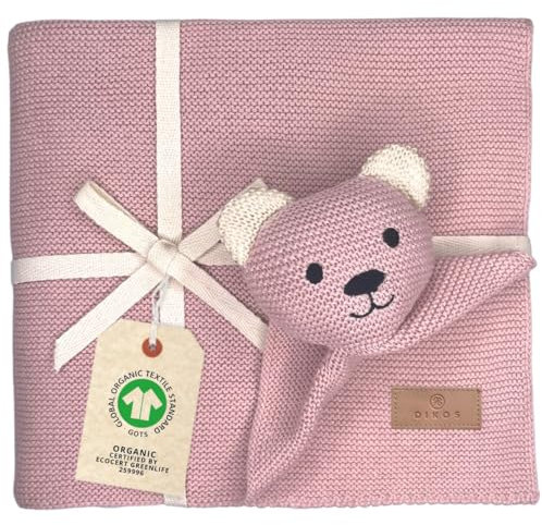 DIKOS Original Babydecke SCHMUSE-Bär (Altrosa) – Premium 2-in-1 Neugeborenen Kuscheldecke & Schmusetuch – aus weicher gestrickter Bio-Baumwolle (GOTS/Oeko-TEX) – Geschenk zur Geburt für Baby Mädchen