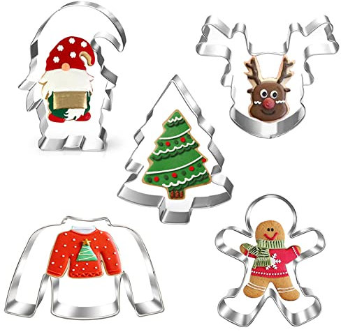 New Large Christmas Onament Cookie Cutter Set-5 Pieces-Christmas Tree, Gnome, gingerbread man, Ugly Sweater and reindeer -Holiday Cookie Cutters Fondant Biscui Cutters