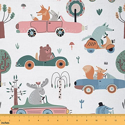 Karikatur Tiere Polsterstoff Süßer Hirsch Bär Fuchs Meterware Kaninchen Igel Baum Dekorationsstoff Grün Sportwagen Stoff für Drinnen Draußen Rosa MäDchen DIY Kunst Wasserdichter Stoff 92 x 150 (HxB)