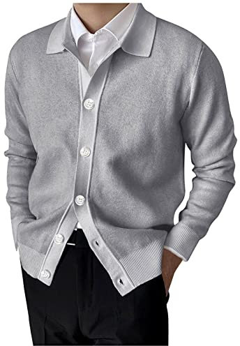 ADMAY 2023 Nuovo Mens Moda Casual Maglia Filato Risvolto Pulsante Manica Lunga Maglione Cardigan Giacca Autunno Maglioni per Uomo, Grigio scuro, L