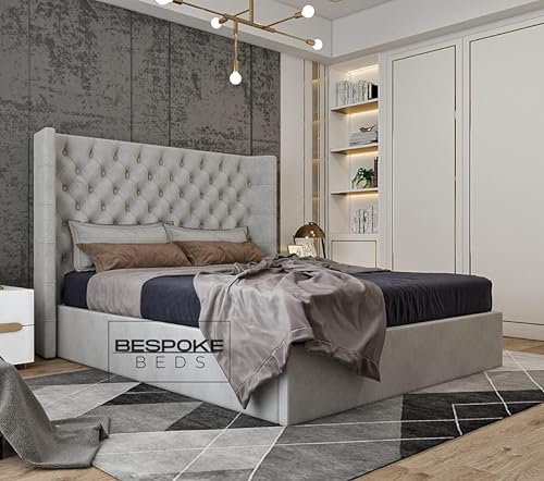 Upholstered Bed Frame, Winged Bed Frame, Ottoman Storage Beds Frame, Plush Velvet Bed Frame (Grey Plush Velvet, 5FT KING)