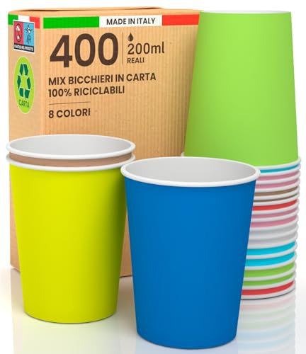 400 Bicchieri in Carta 200ml MegaMix Colorati Ecologici Biodegradabili Monouso Made in Italy Asporto Bevande Calde - Blu Giallo Avana Verde Azzurro Rosa Bianco Rosso Prodotto e Confezionato in Italia