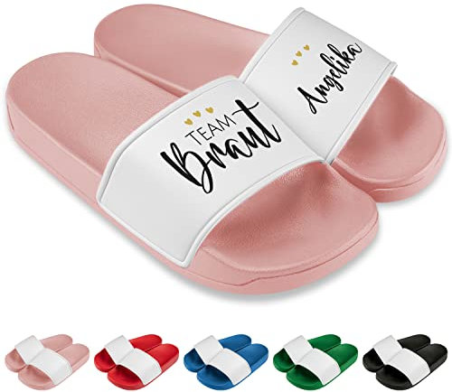 True Statements Badelatschen „Team Braut & Braut“ Schlappen personalisiert mit Namen | Badeschlappen für Junggesellenabschied Schläppchen | Geschenke für Brautjungfer (Rosa, Gr. 38)