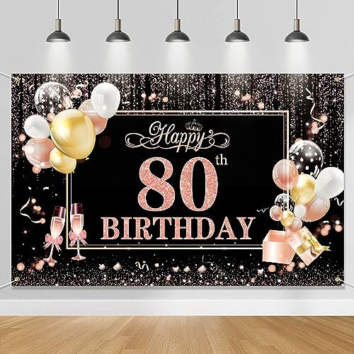 Qpout Extra Large 80th Birthday Backdrop Banner, Black and Rose Red Happy 80th Birthday Banners for Men Women, 80th Birthday Party Decorations Supplies, 80th Bady Background Banner, 70.8 x 45.2 inch