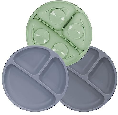 MOJINL Kinderteller mit Saugnapf Rutschfest Silikon Baby Teller BPA Frei Babyteller Kinder Tischset Babygeschirr Spülmaschinenfest für Kleinkinder 3 Stück (Taubenblau/Graphitgrau/Grün)