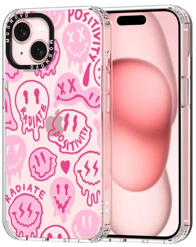 MOSNOVO für iPhone 15 Hülle – Durchsichtige, schlanke, stoßfeste TPU+PC-Handyhülle, [6,6 Fuß Fallschutz/Anti-Abziehen] - Rosa tropfendes Lächel-Gesicht mit positiver Ausstrahlung