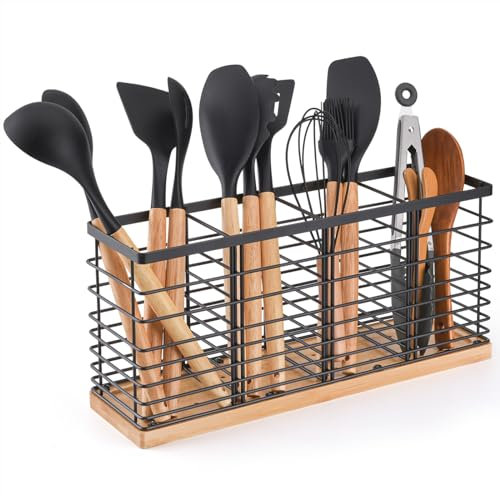 Large Black Stainless Steel Kitchen Utensil Holder with Wooden Base - 4 Compartments Counter Organizer Caddy for Modern House