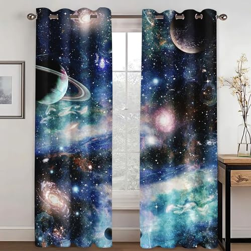 KARPIX Universum Planet Fenstervorhang Weltraum Sternenklar vorhänge Mit Ösen Blickdicht Gardine Für Kinder Und Jugendliche, 2 Paneele (10,220x215cm(2x110x215cm))